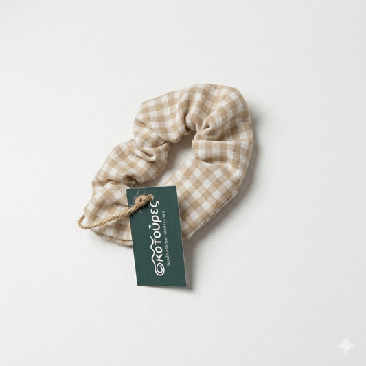 Μπεζ Καρό Scrunchie